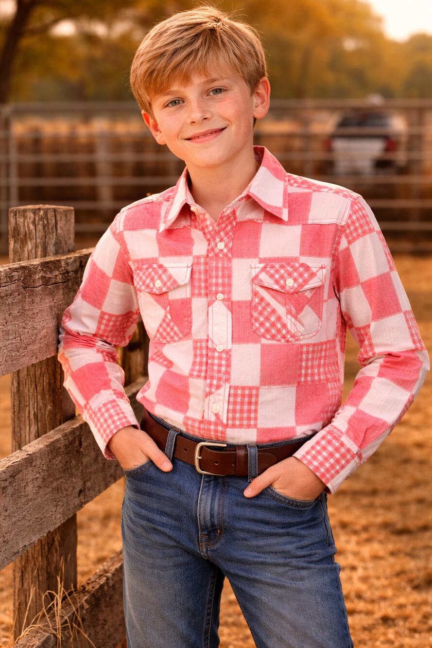True VTG Western Art boys long sleeve pearl snap red whit gingham 10 pearly